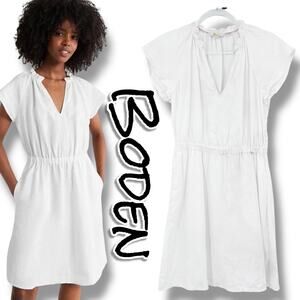 Boden White Linen Short Flutter Sleeve Dress Elastic Waist V Neck Womens Size 4
